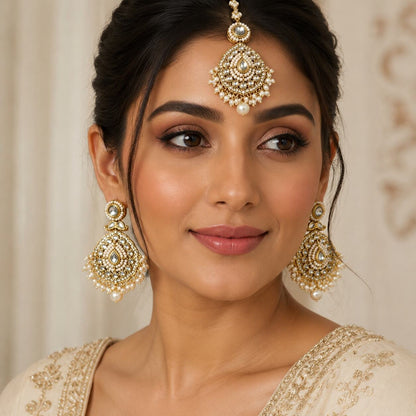 Nureh Pearl Kundan Statement Earrings and Teeka Set model view