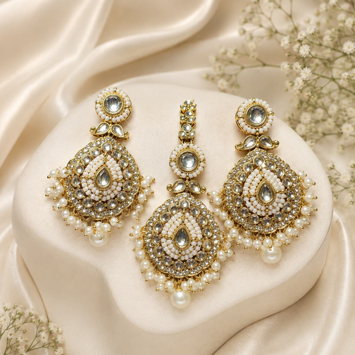 Nureh Pearl Kundan Statement Earrings and Teeka Set