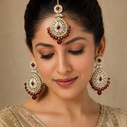 Nureh Red Kundan Statement Earrings and Teeka Set model view