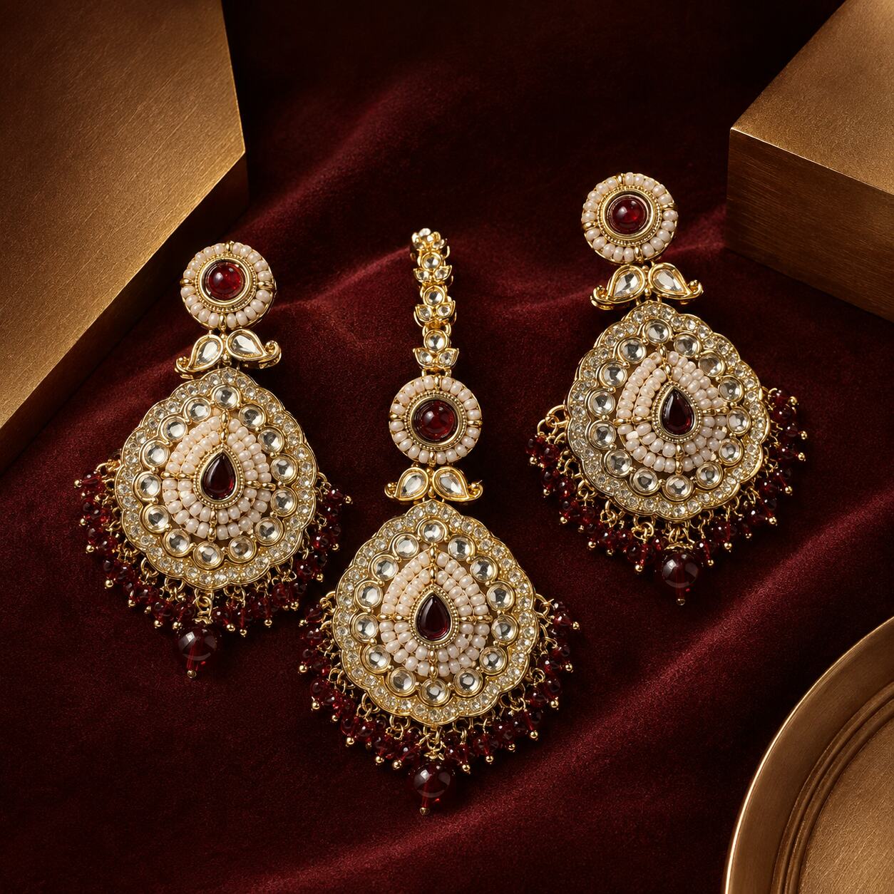 Nureh Red Kundan Statement Earrings and Teeka Set