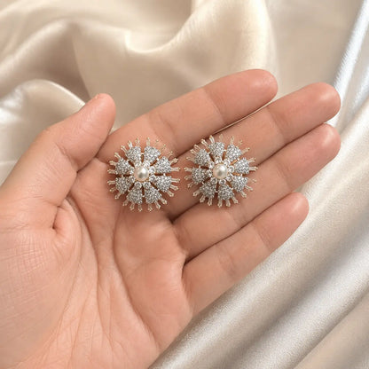 Aroosa Crystal Sunburst Pearl Statement Stud Earrings – Pearl