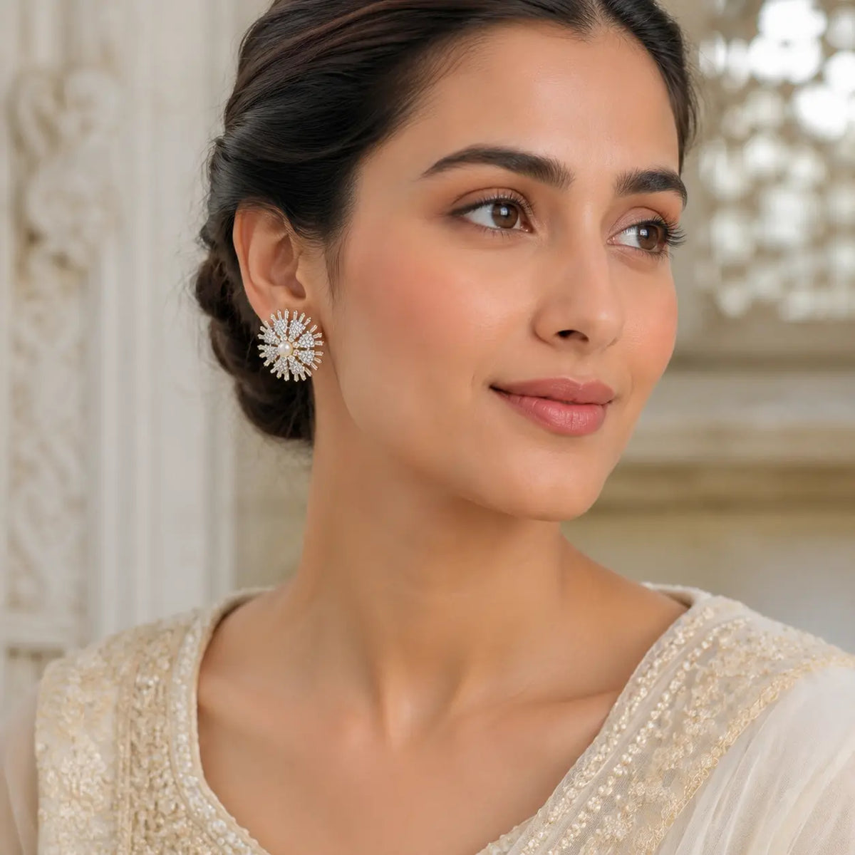 Aroosa Crystal Sunburst Pearl Statement Stud Earrings – Pearl