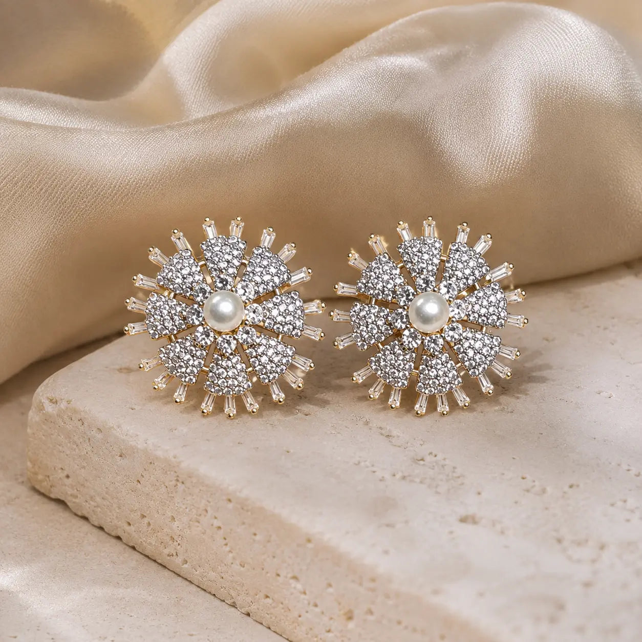 Aroosa Crystal Sunburst Pearl Statement Stud Earrings – Pearl