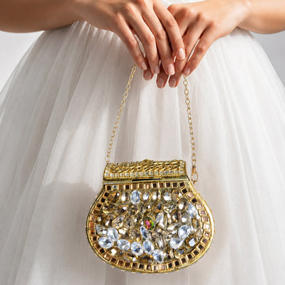 Peacock Feather & Crystal Dual-Sided Gold Clutch