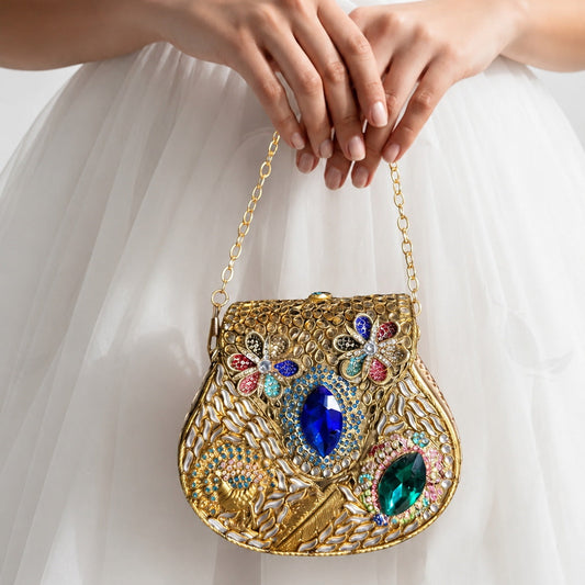 Peacock Feather & Crystal Dual-Sided Gold Clutch