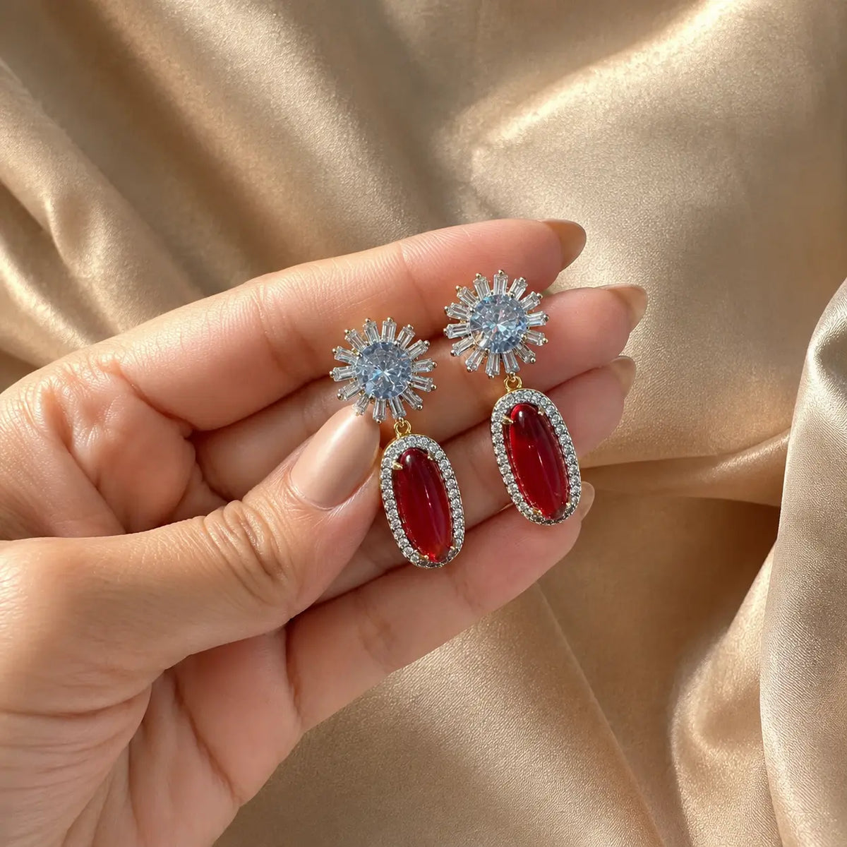 Nayab Crystal Oval Drop Statement Earrings – Red