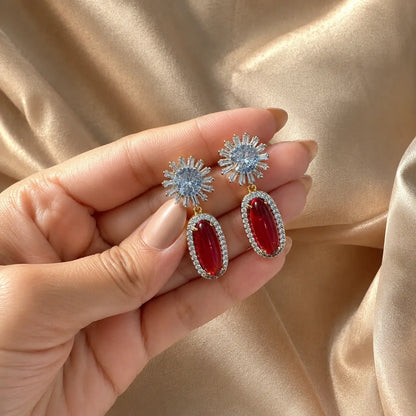 Nayab Crystal Oval Drop Statement Earrings – Red