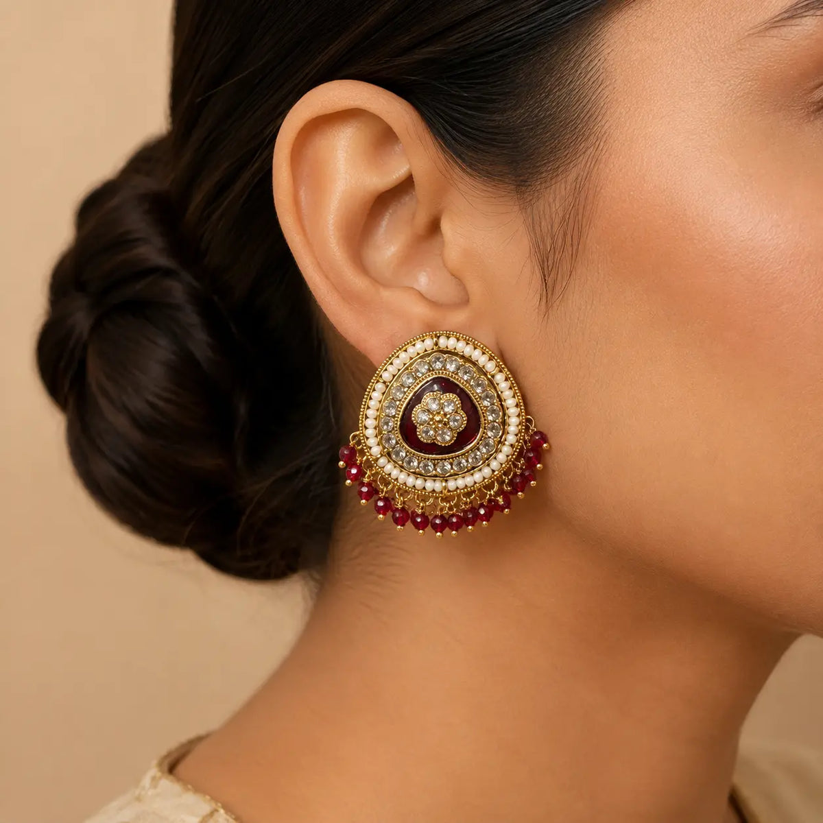 Afsana red Kundan stud worn close-up