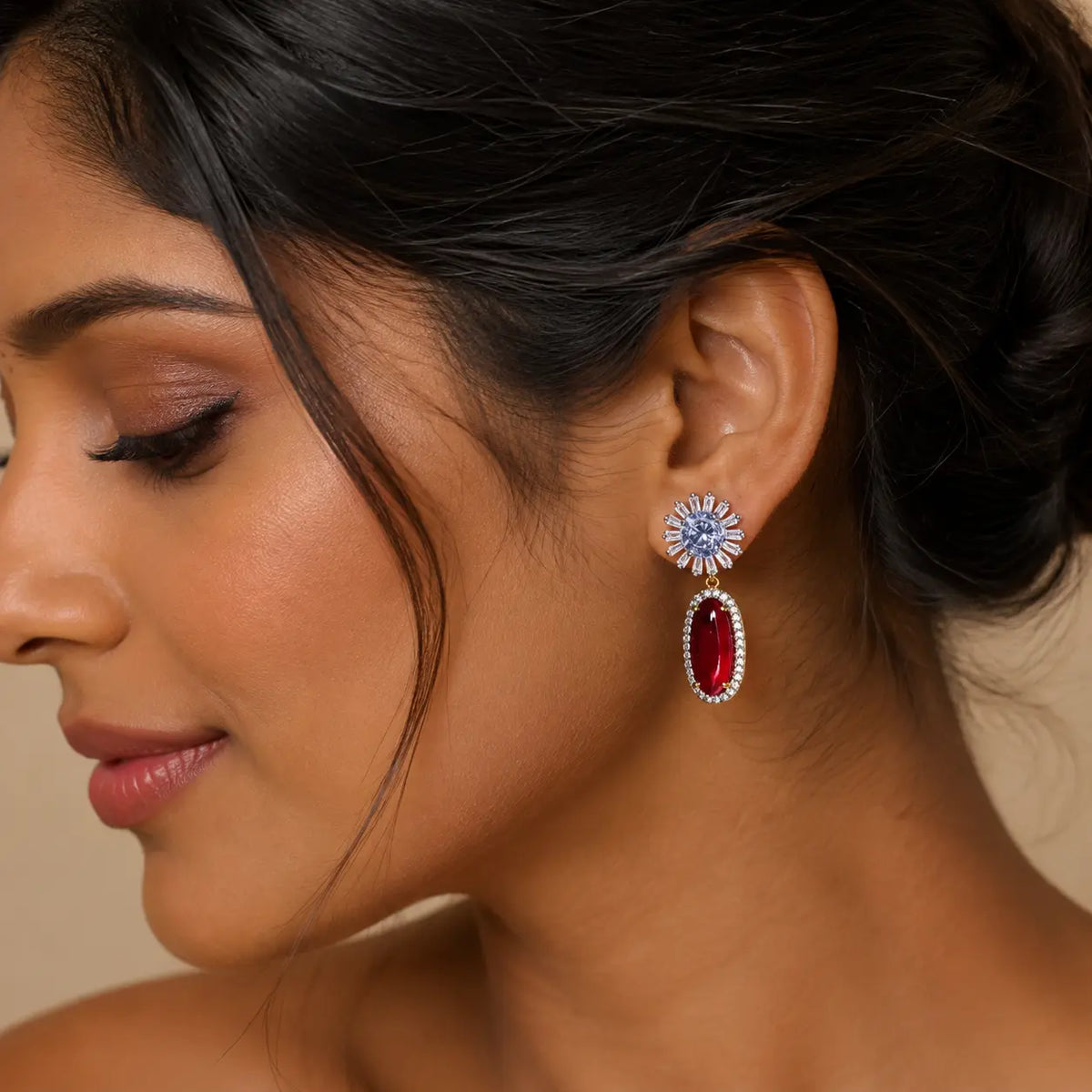 Nayab Crystal Oval Drop Statement Earrings – Red