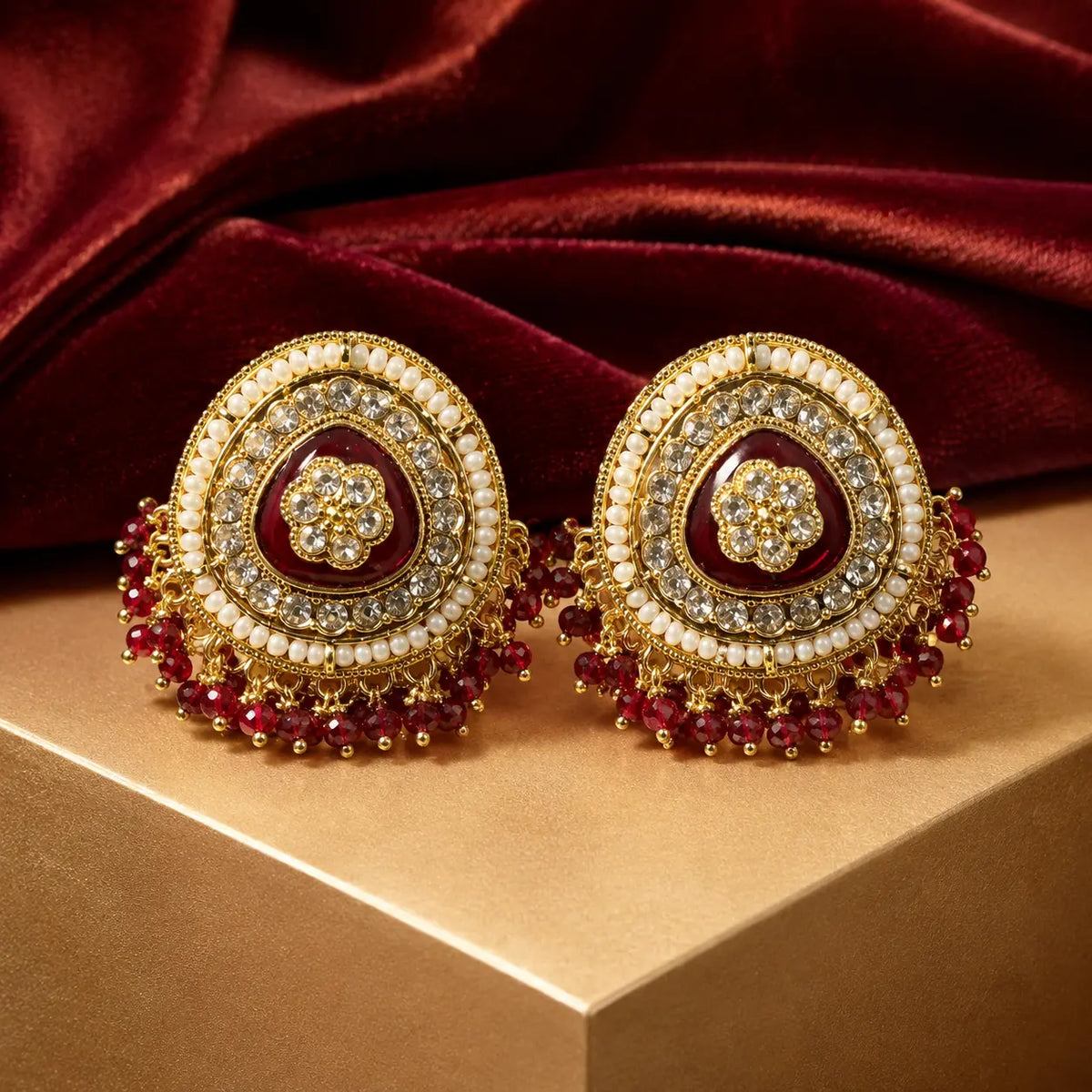 Afsana red Kundan pearl teardrop stud earrings product view