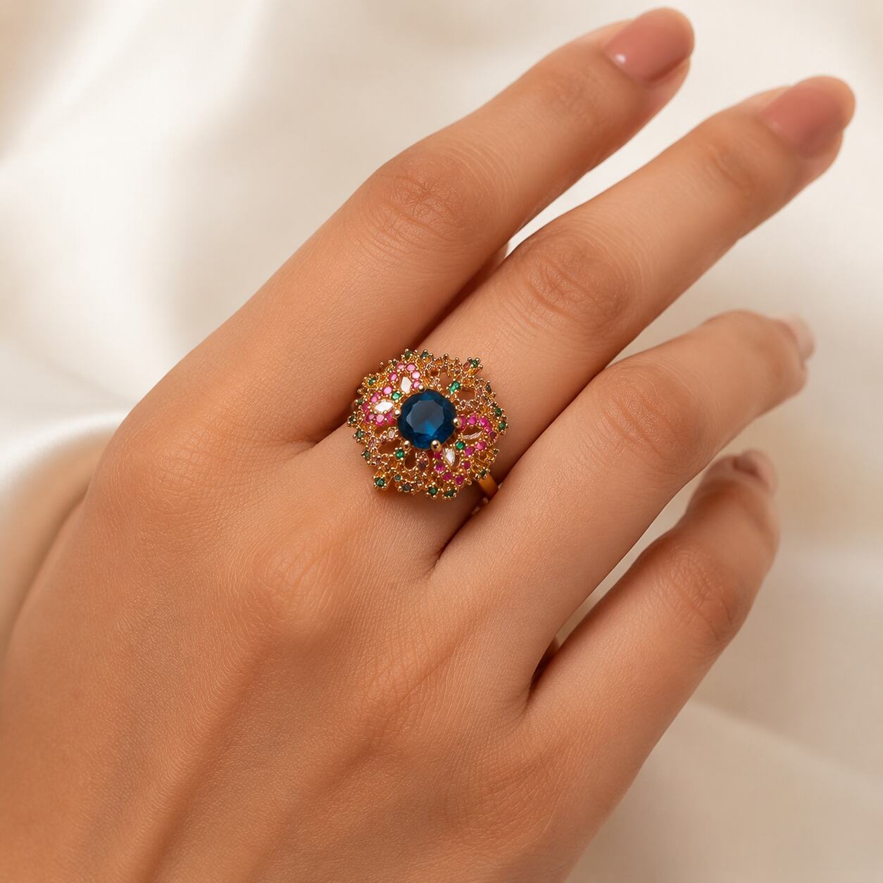 Aurelia blue multicolour Kundan statement ring 4