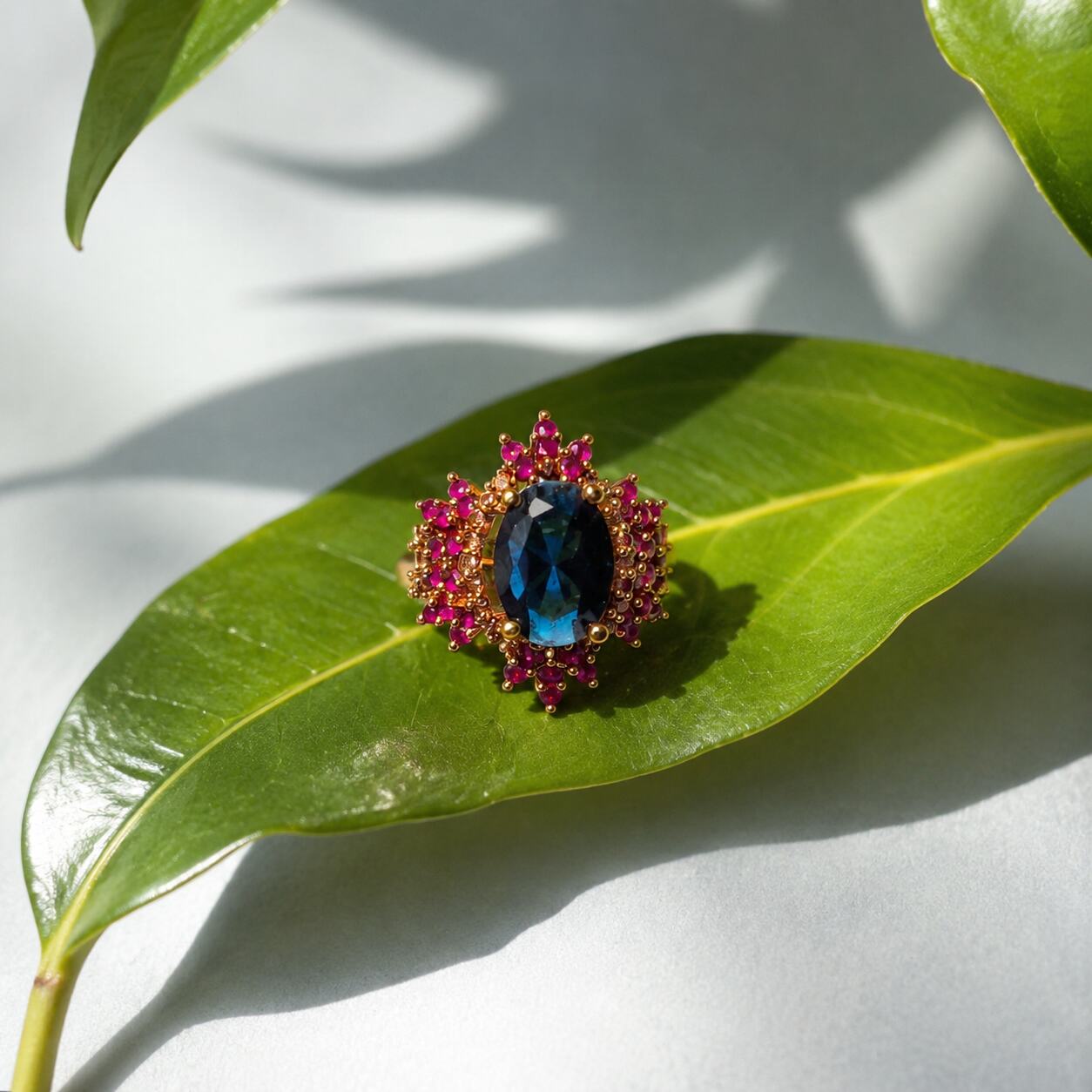 Mehrunisa sapphire blue and ruby pink statement ring 3