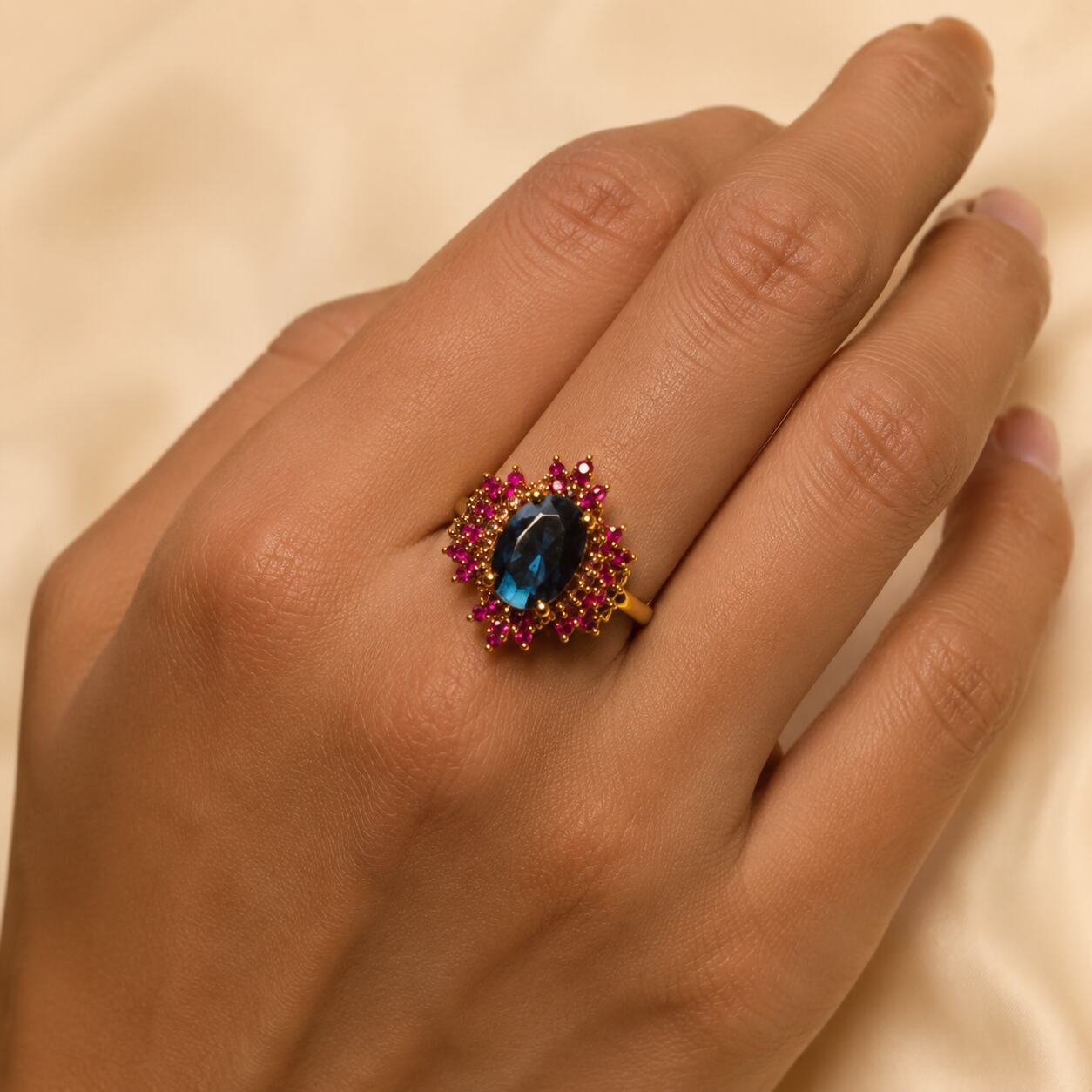 Mehrunisa sapphire blue and ruby pink statement ring 4