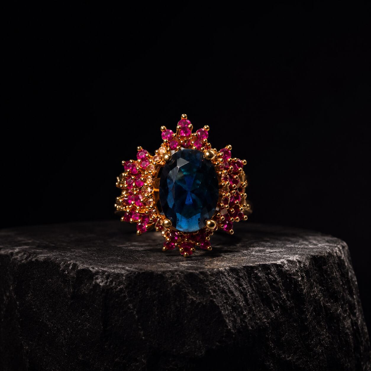 Mehrunisa sapphire blue and ruby pink statement ring 2