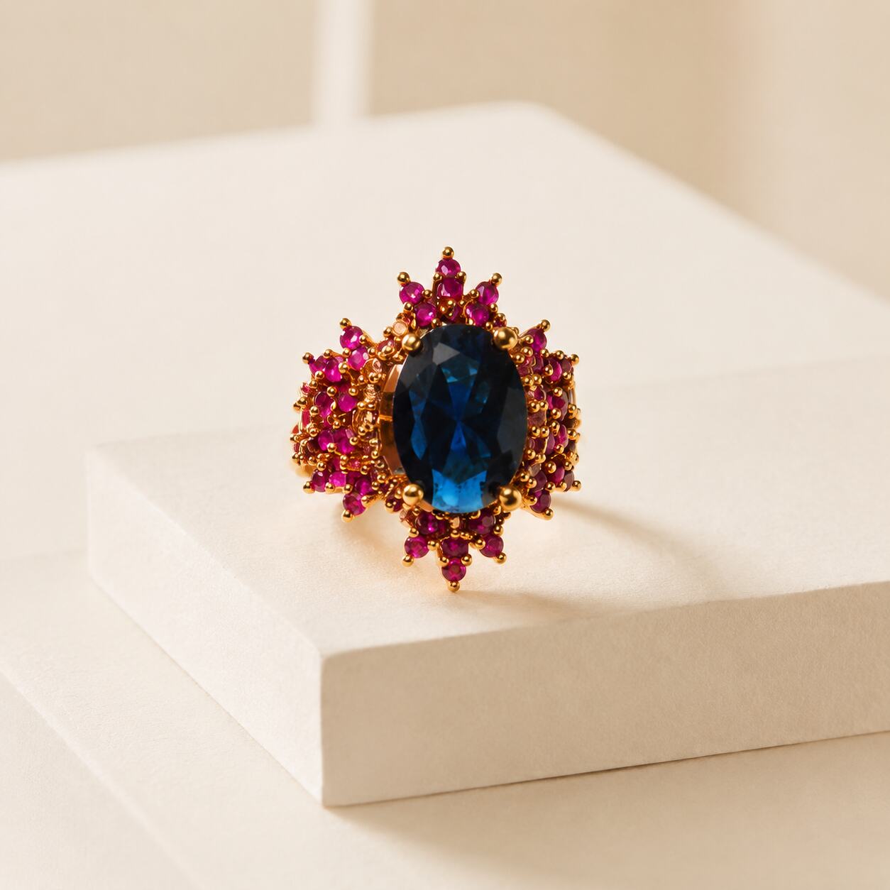 Mehrunisa sapphire blue and ruby pink statement ring 1