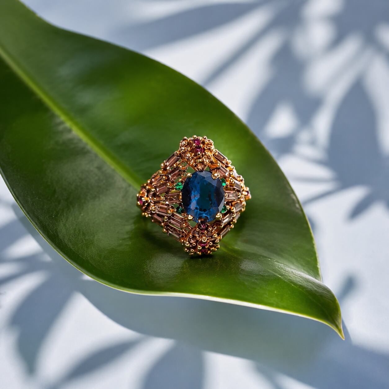 Roshana sapphire blue antique gold statement ring 3