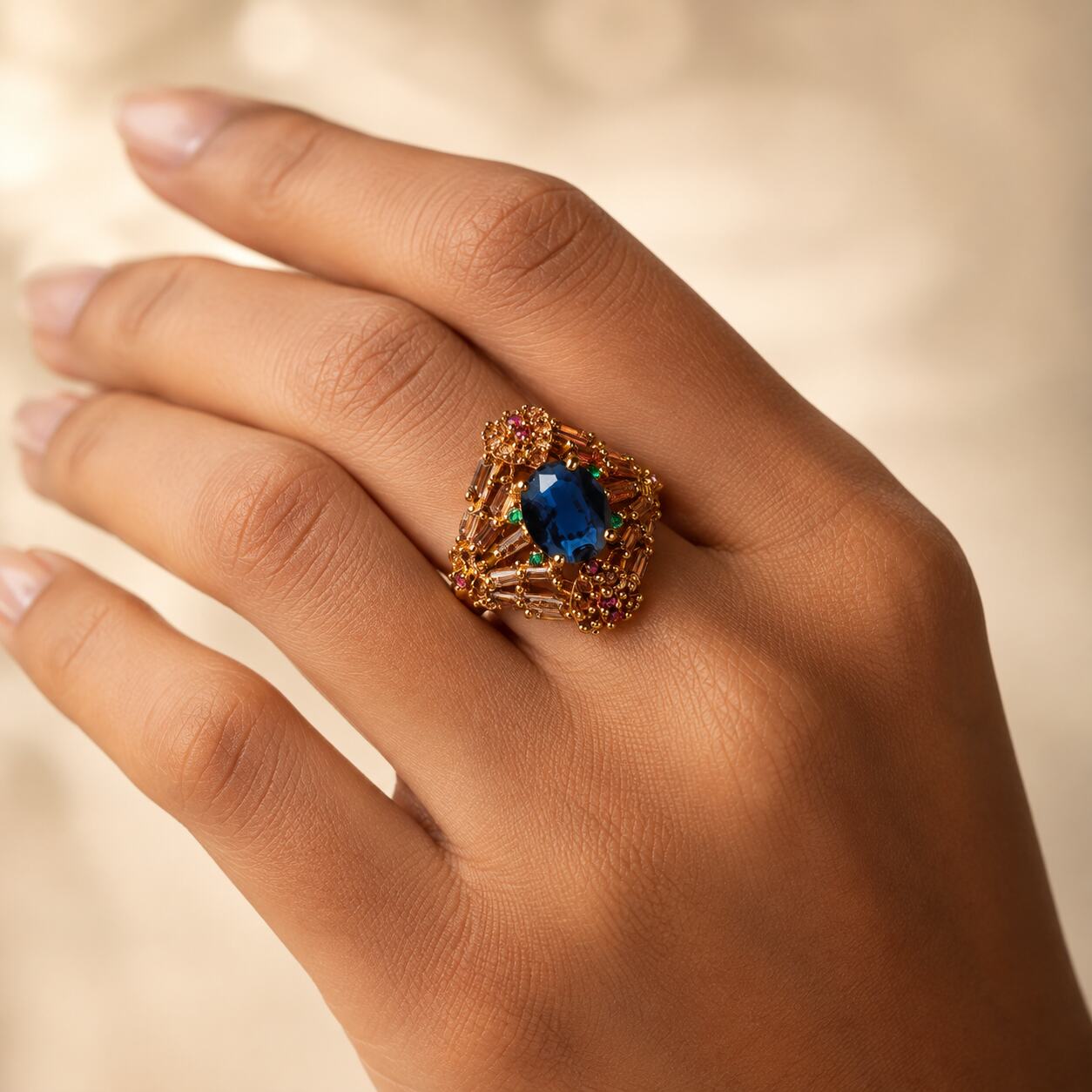 Roshana sapphire blue antique gold statement ring 4