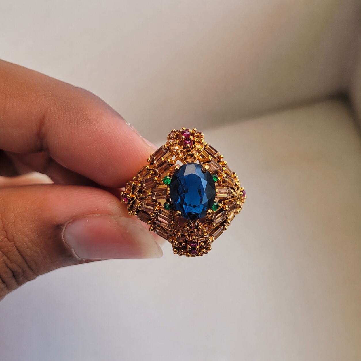 Roshana sapphire blue antique gold statement ring 6