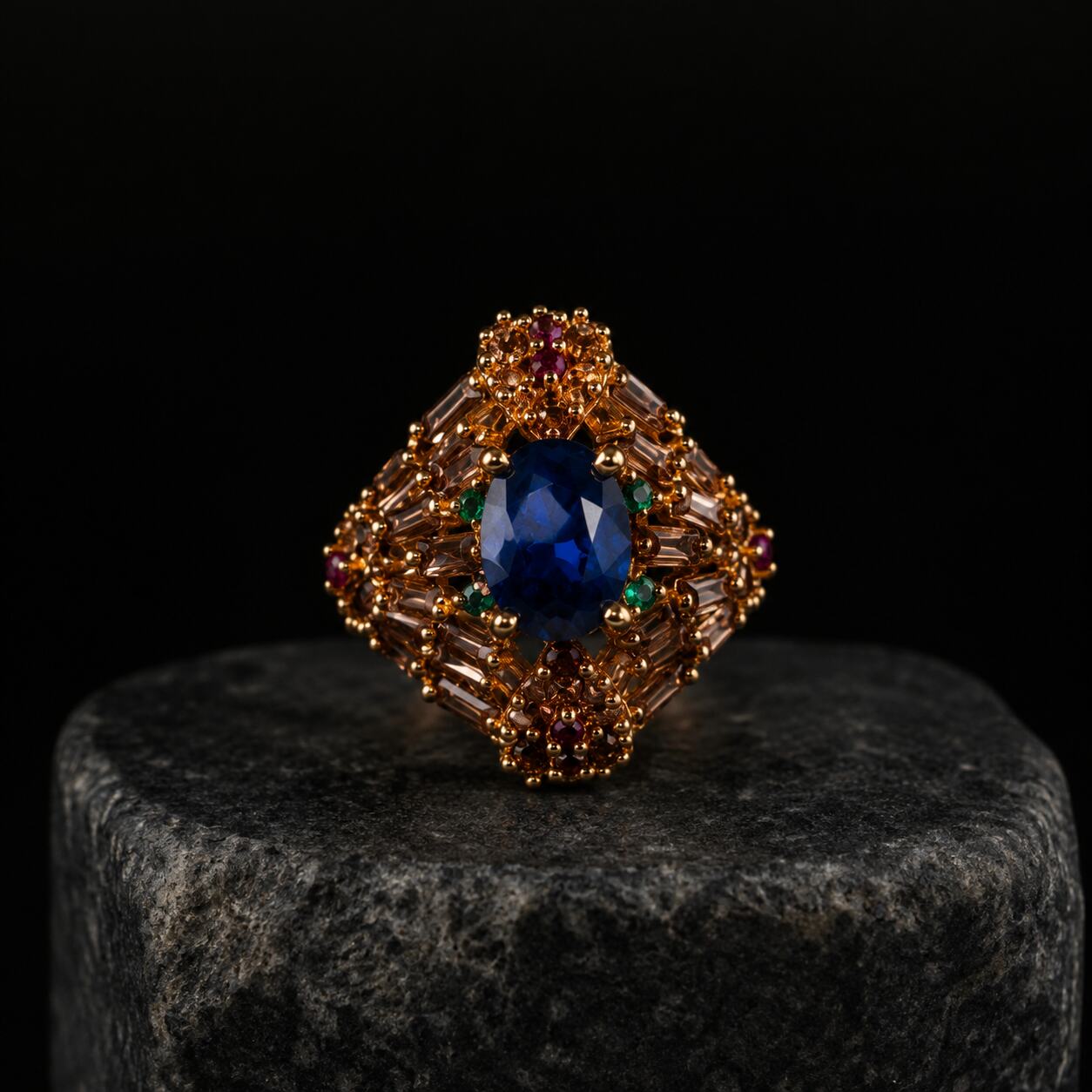 Roshana sapphire blue antique gold statement ring 2