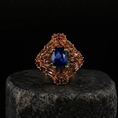 Roshana sapphire blue antique gold statement ring 2