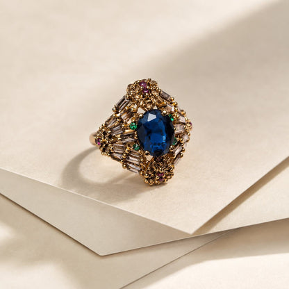 Roshana sapphire blue antique gold statement ring 1