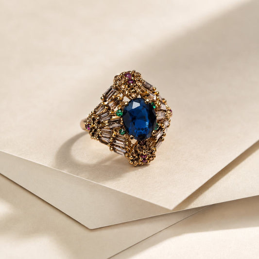 Roshana sapphire blue antique gold statement ring 1