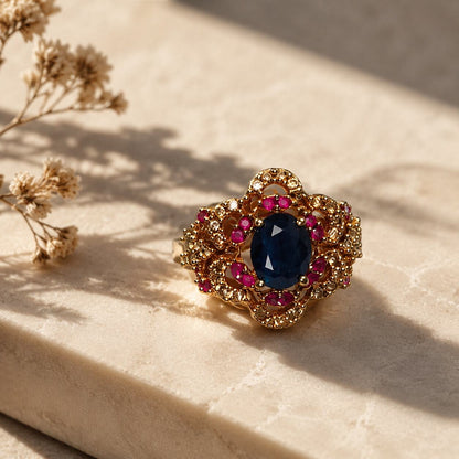 Noorjahan midnight blue and ruby filigree ring 3
