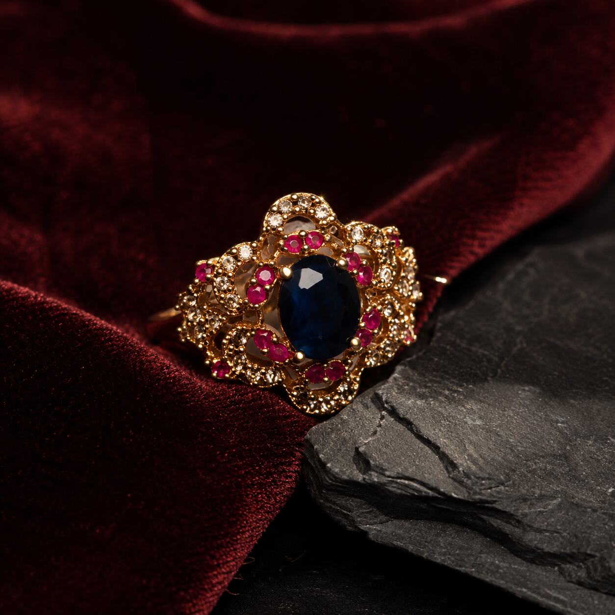 Noorjahan midnight blue and ruby filigree ring 2