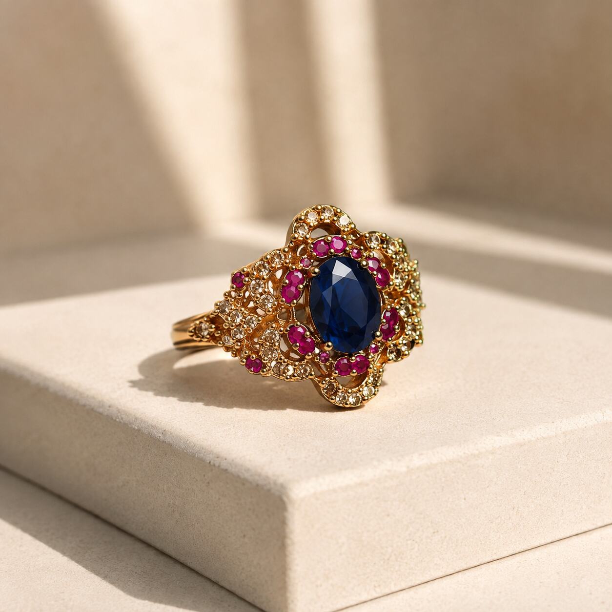 Noorjahan midnight blue and ruby filigree ring 1