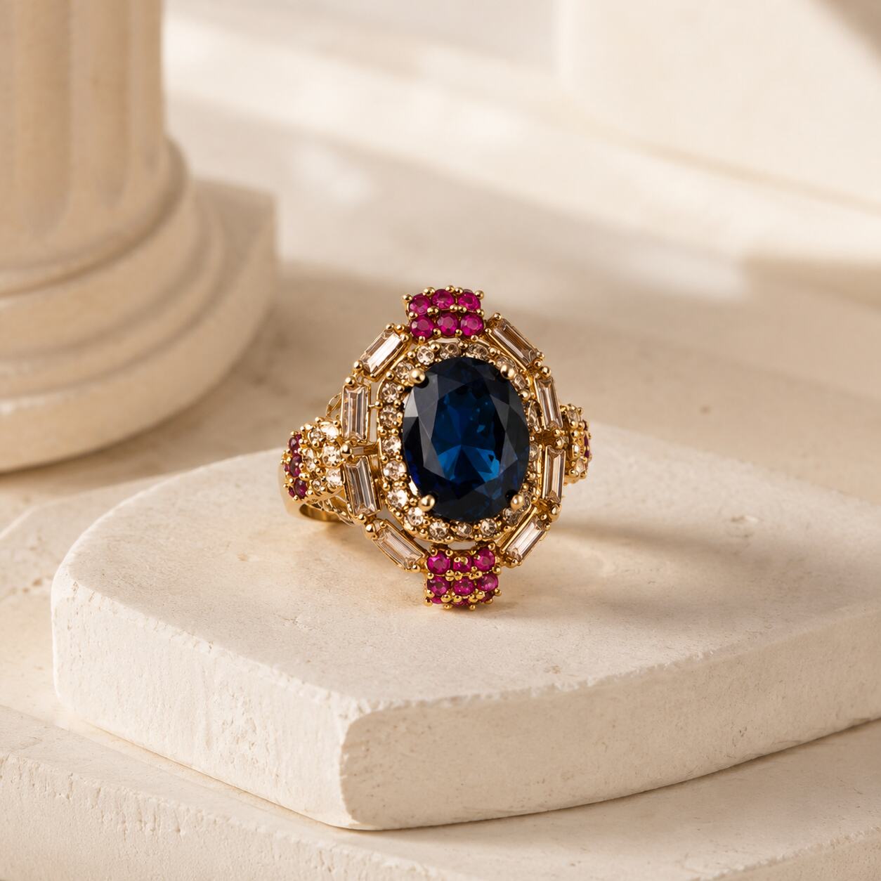 Sahar sapphire blue and ruby pink Kundan statement ring