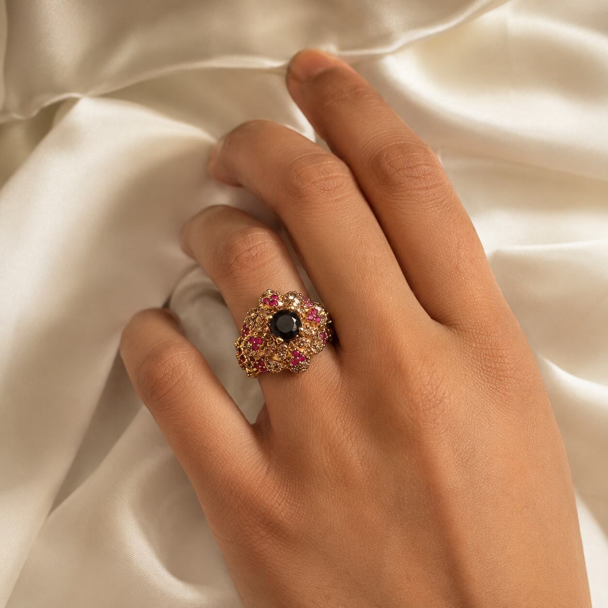 Gulnaar Midnight Blue & Ruby Floral Cocktail Ring view 1