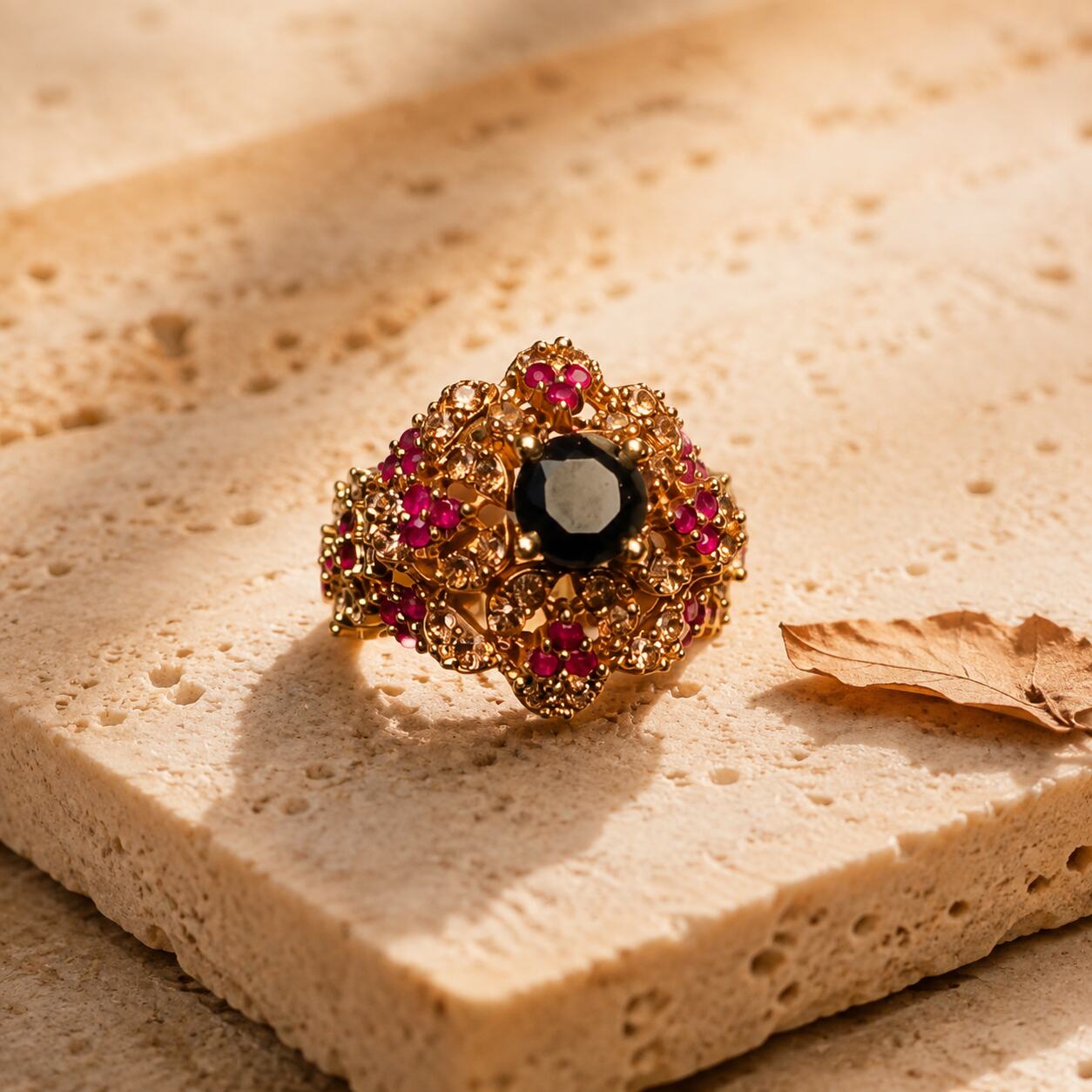 Gulnaar Midnight Blue & Ruby Floral Cocktail Ring view 2