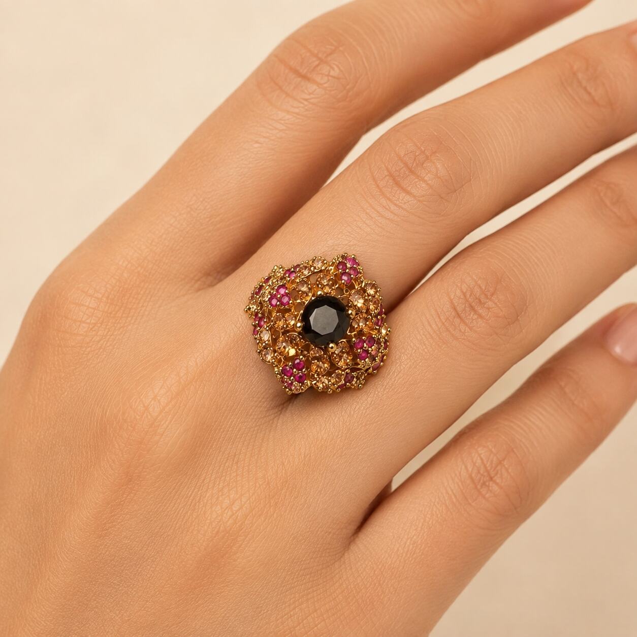 Gulnaar Midnight Blue & Ruby Floral Cocktail Ring view 3