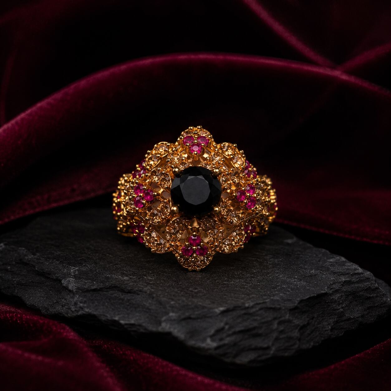 Gulnaar Midnight Blue & Ruby Floral Cocktail Ring view 4