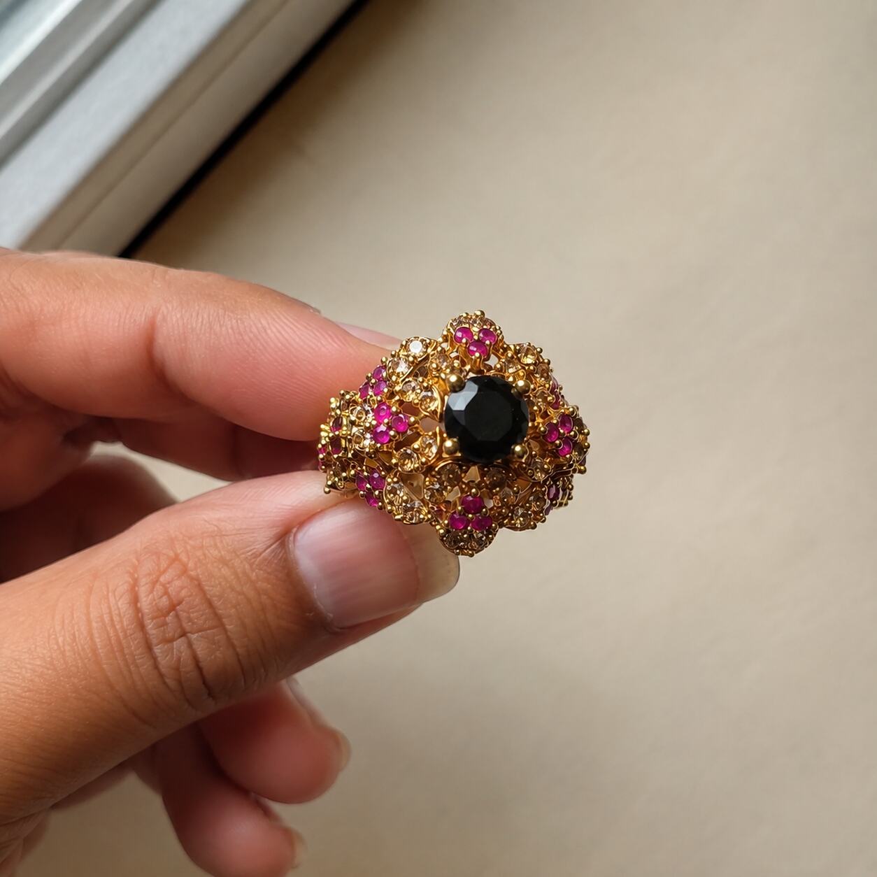 Gulnaar Midnight Blue & Ruby Floral Cocktail Ring view 5