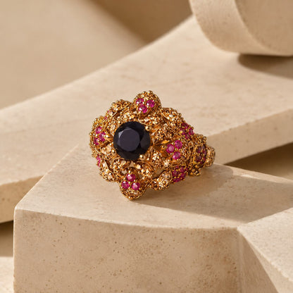 Gulnaar Midnight Blue & Ruby Floral Cocktail Ring view 6