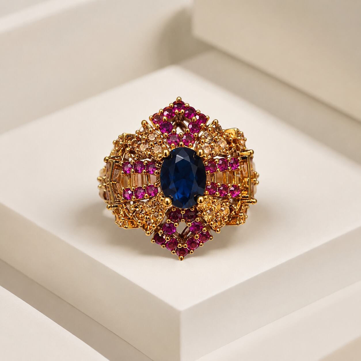 Mahveen Navy Blue & Ruby Geometric Statement Ring view 1
