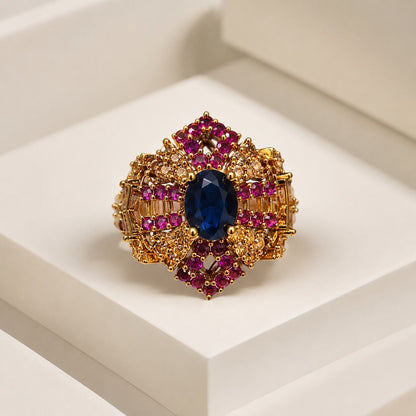 Mahveen Navy Blue & Ruby Geometric Statement Ring view 1