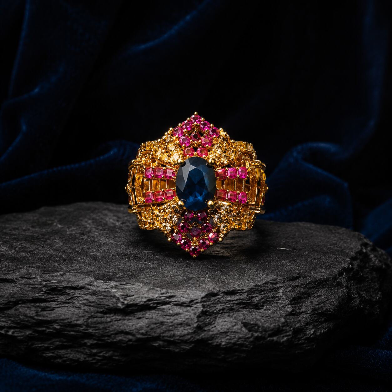 Mahveen Navy Blue & Ruby Geometric Statement Ring view 2
