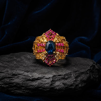 Mahveen Navy Blue & Ruby Geometric Statement Ring view 2