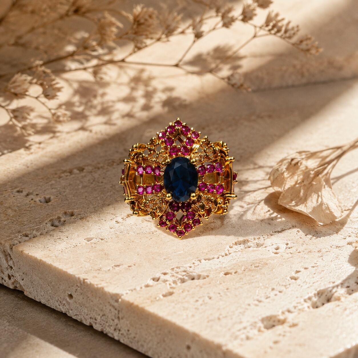 Mahveen Navy Blue & Ruby Geometric Statement Ring view 3