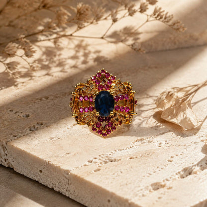 Mahveen Navy Blue & Ruby Geometric Statement Ring view 3