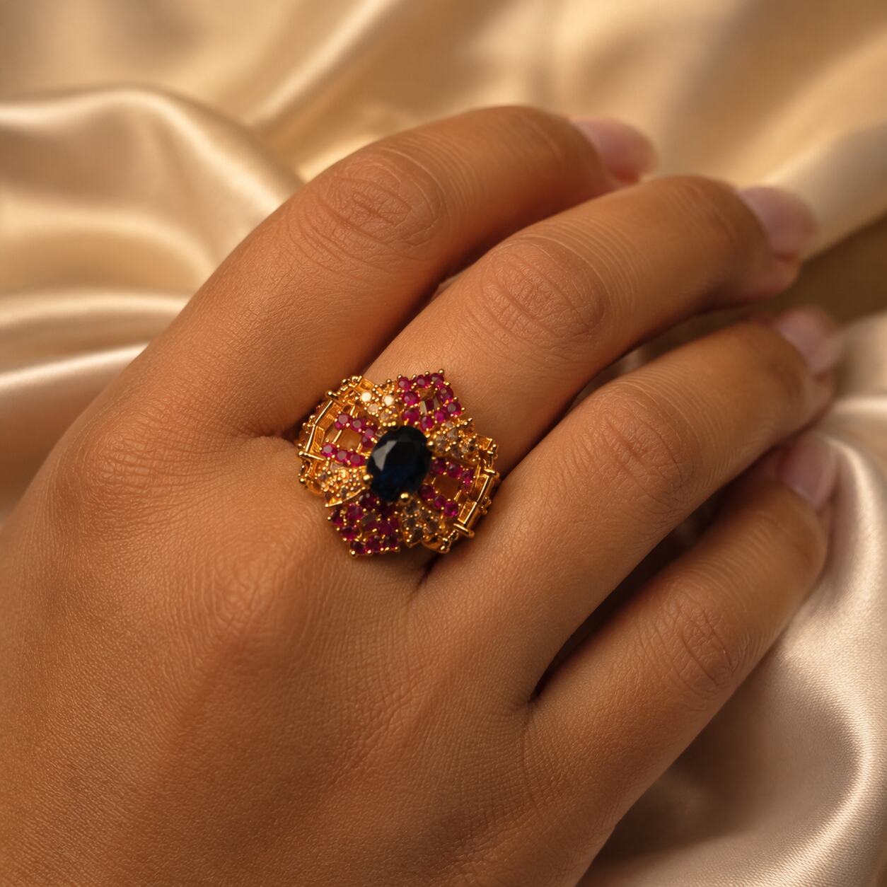 Mahveen Navy Blue & Ruby Geometric Statement Ring view 4