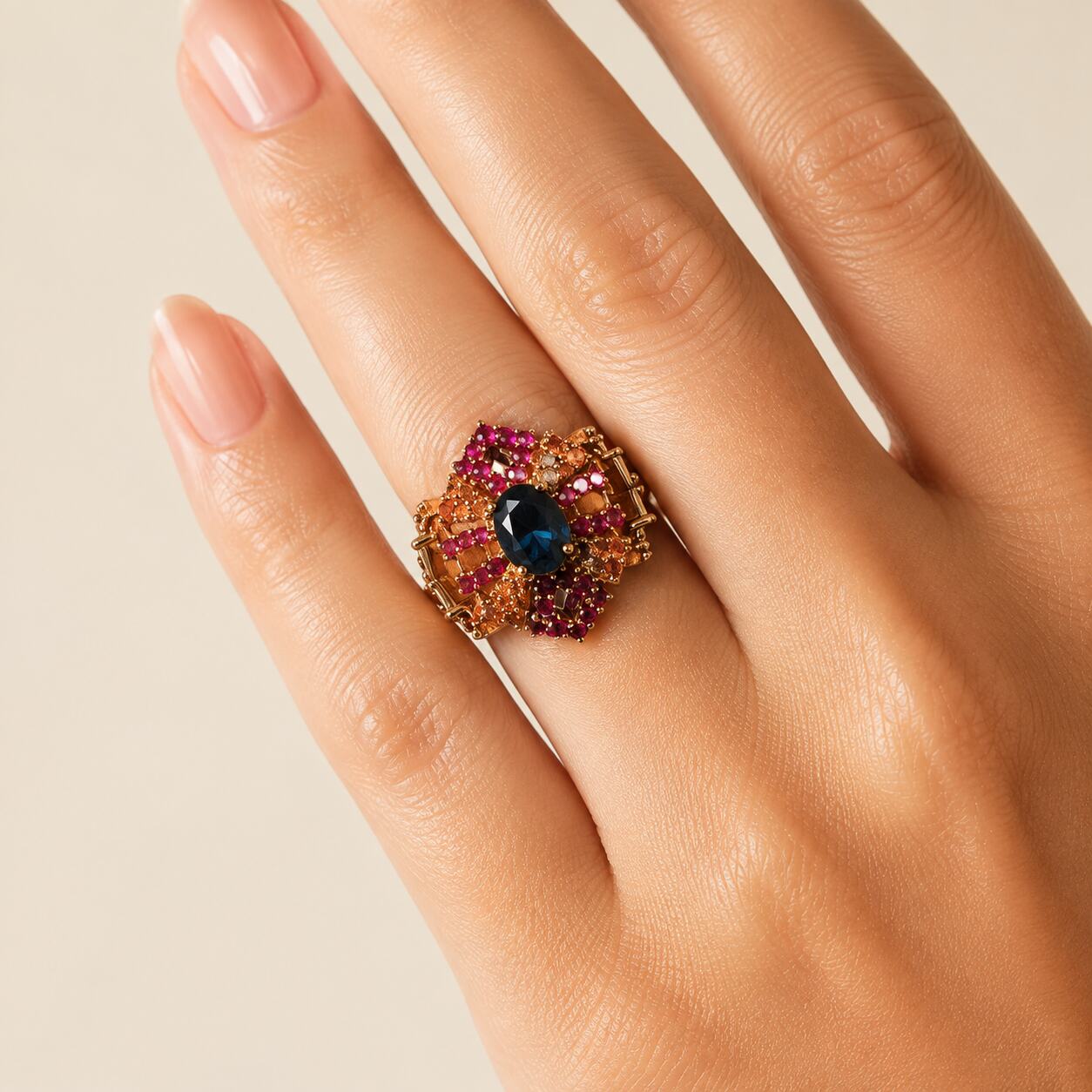 Mahveen Navy Blue & Ruby Geometric Statement Ring view 5