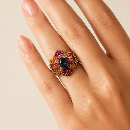 Mahveen Navy Blue & Ruby Geometric Statement Ring view 5
