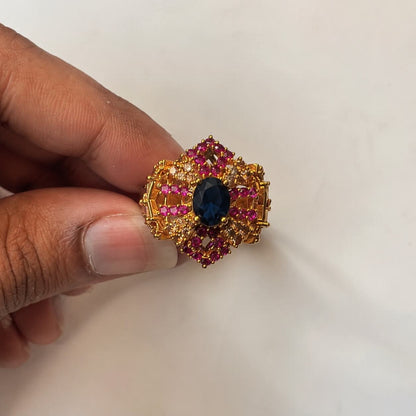 Mahveen Navy Blue & Ruby Geometric Statement Ring view 6