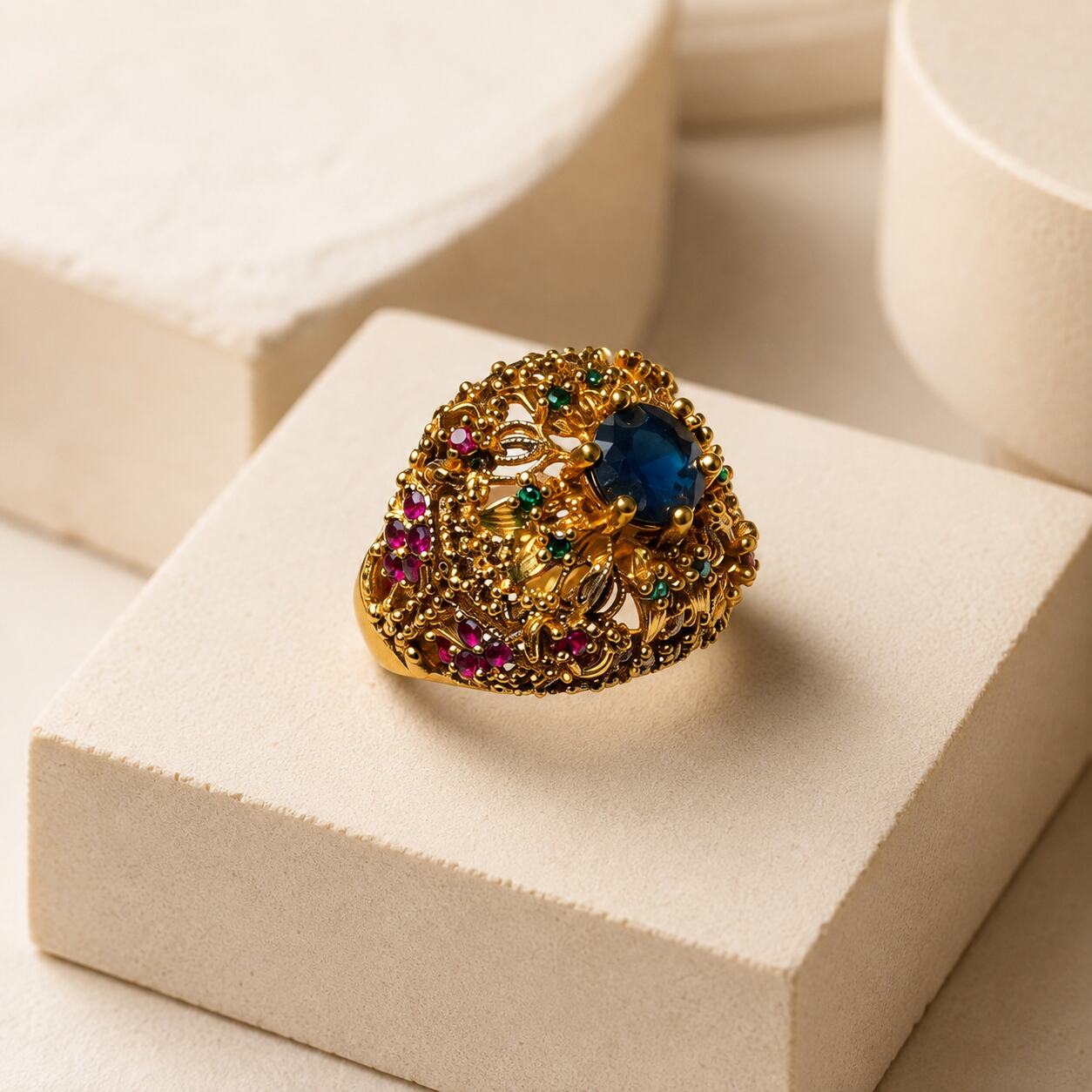 Pariza Sapphire Blue Multicolour Filigree Ring view 1