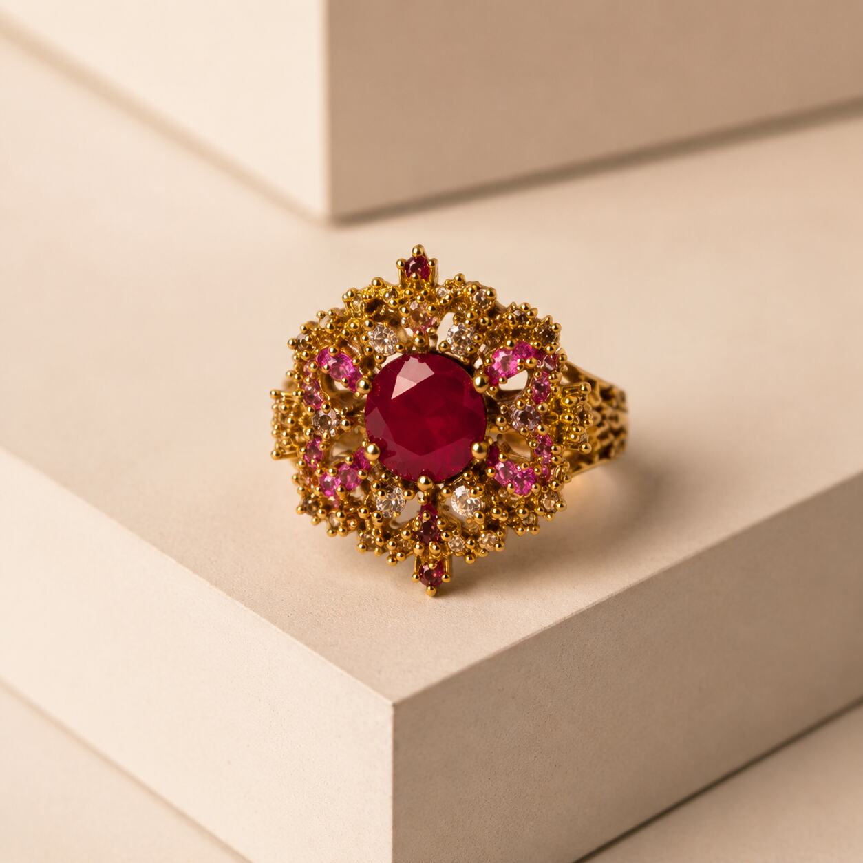 Gulrukh Ruby Red & Champagne Floral Statement Ring view 1