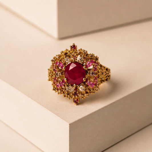 Gulrukh Ruby Red & Champagne Floral Statement Ring view 1