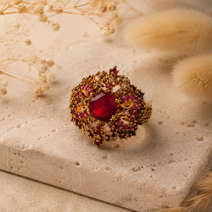 Gulrukh Ruby Red & Champagne Floral Statement Ring view 3